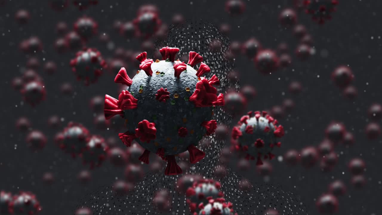 Animation of covid 19 cells falling over dark background