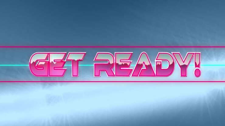 Get ready text over neon banner against against spots of light on blue background