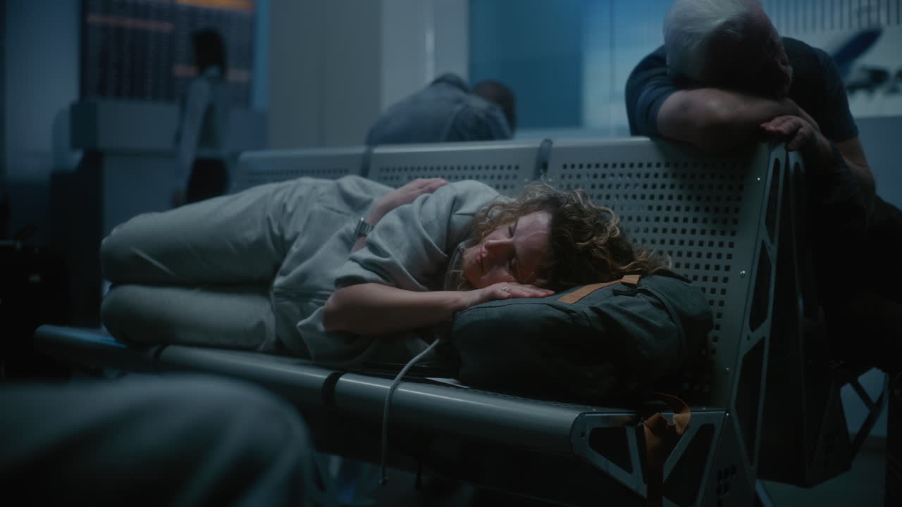 Tired Traveler Napping in Airport Lounge