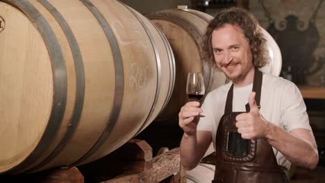 authentic shot of successful male sommelier is tasting a flavor and checking white wine quality poured in transparent glass in a wine cellar.