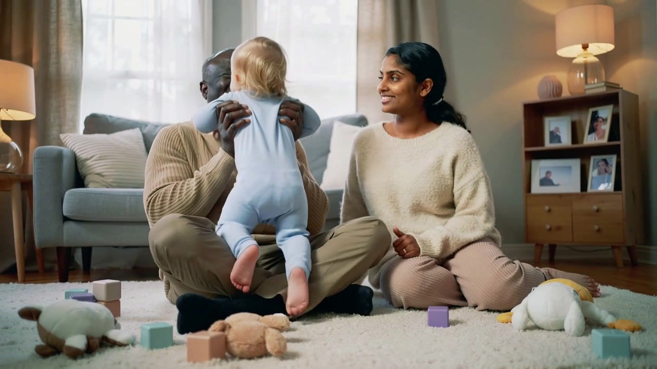 Crawling infant moving toward seated man reaching to pull, hugging on plush rug, wooden blocks