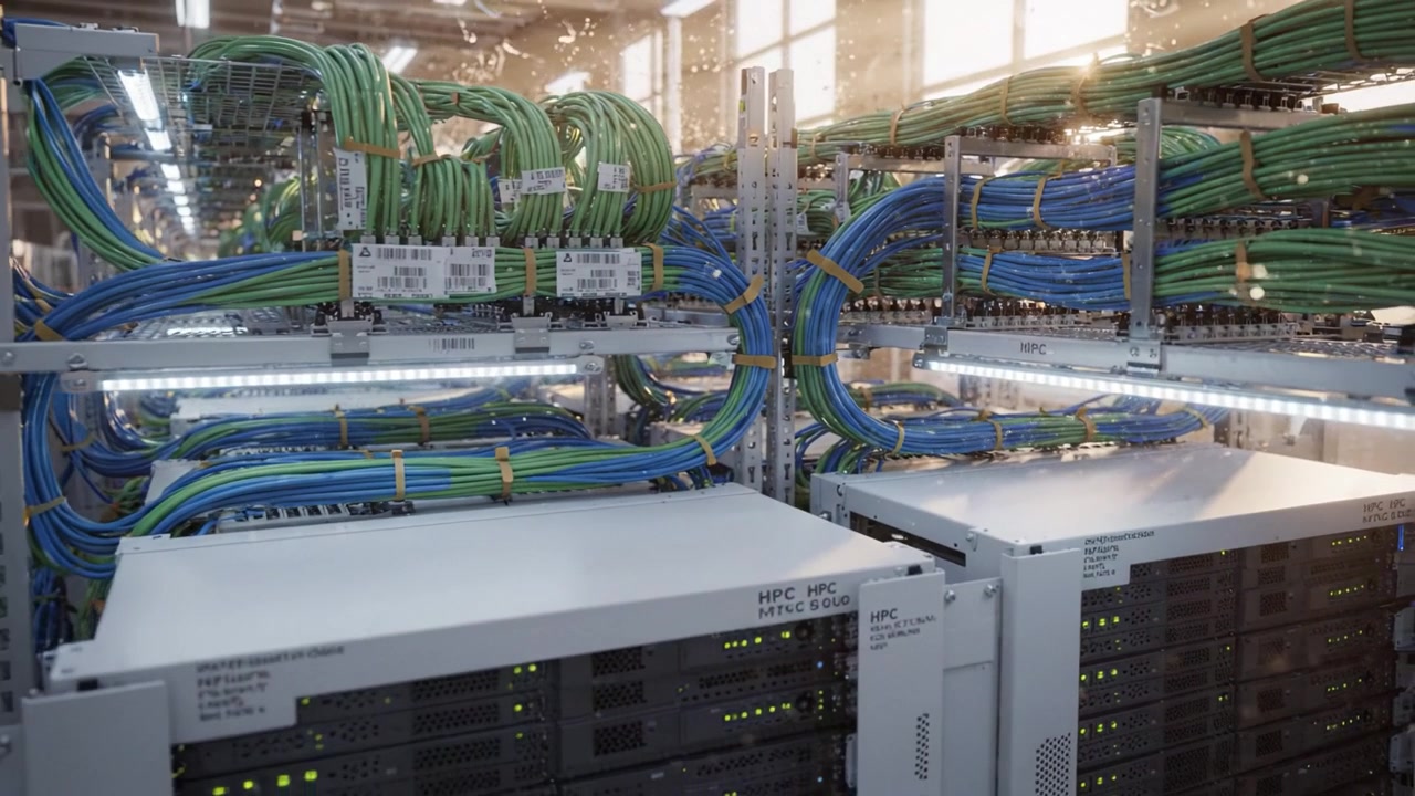 A Complex Data Center Setup Highlighting High-Performance Computing Servers with Colorful Network Cables and Efficient Cooling Systems in Action
