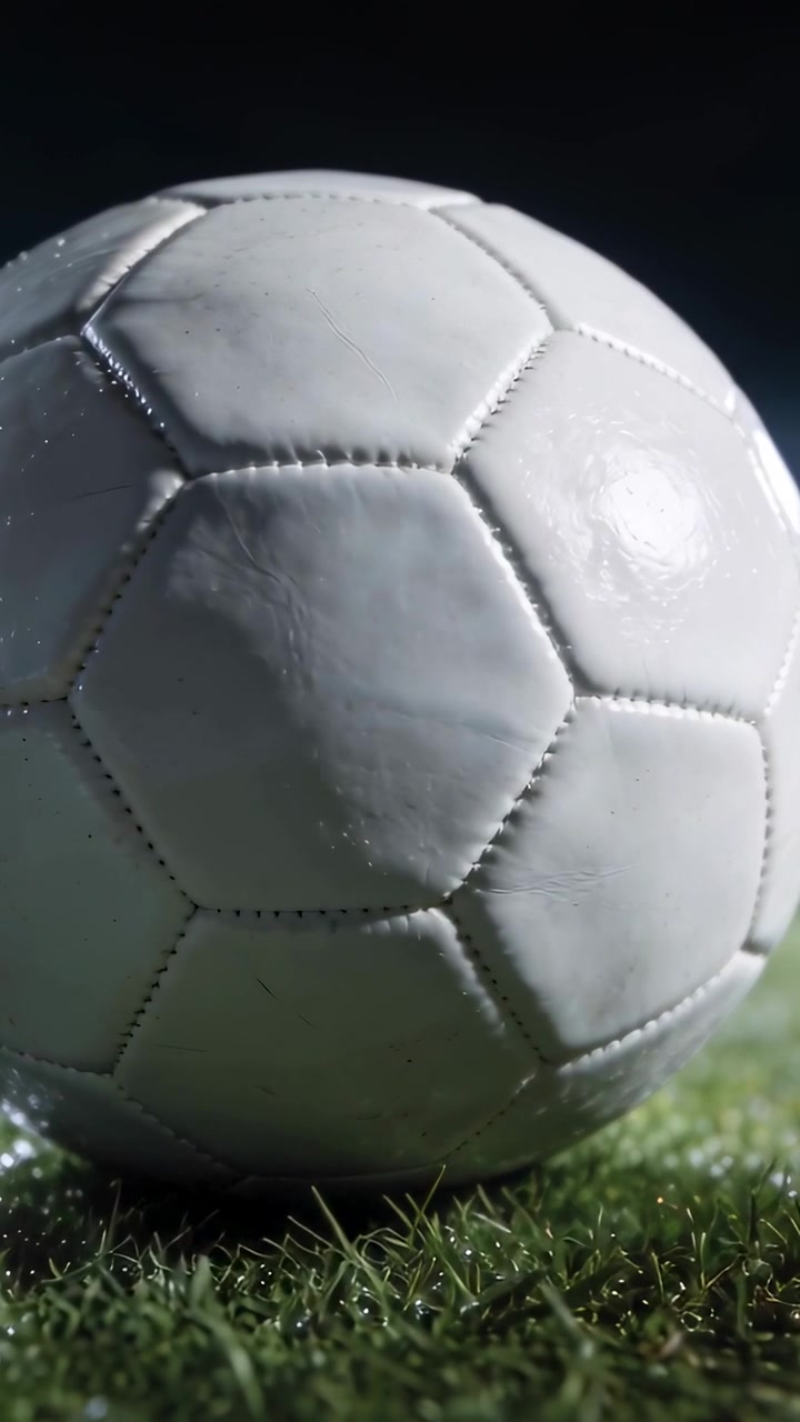 Dikey video: Kamera, ışıkların altında çiy damlalı çimlerin üzerindeki beyaz futbol topuna yakınlaşıyor, dikişlerini gösteriyor.
