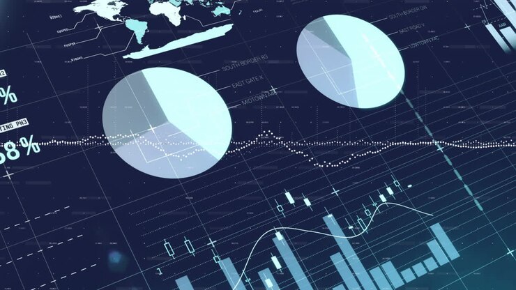 Animation of financial data processing over blue background