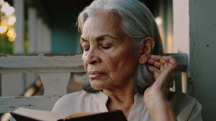 Glancing up at off-frame, senior woman tucking hair, centering, preparing to turn book on porch
