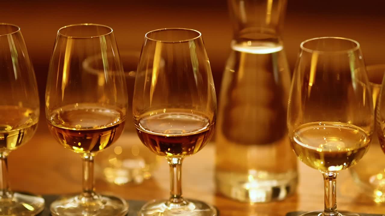A close-up view of glasses filled with amber liquid, beautifully arranged on a wooden surface.