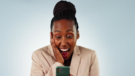 wow, black woman and smartphone with happiness