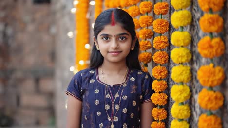 young girl wearing traditional dress posing in front of a wall decorated with marigold flower garlands and string lights, celebrating a festive occasion with a cheerful expression