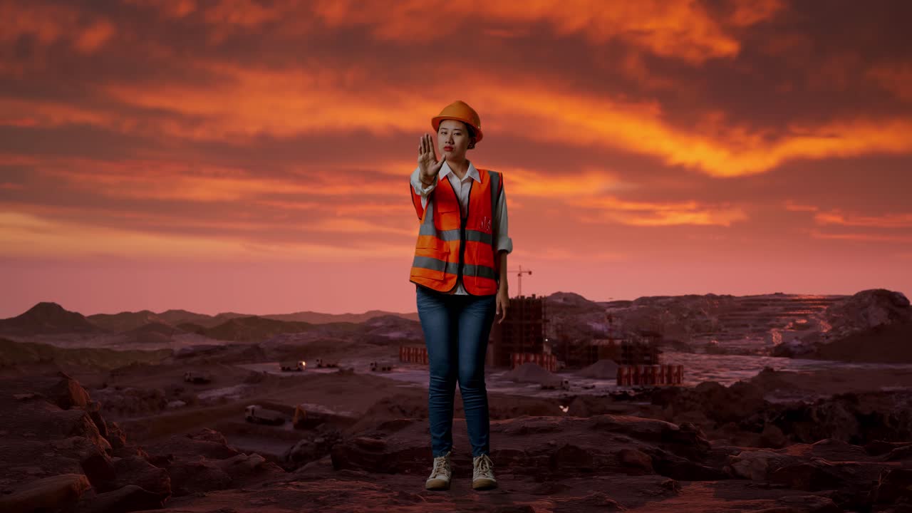 trabajador de la construcción en la cantera al atardecer con gesto de parada