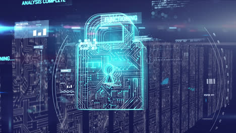 animación de procesamiento de datos y candado digital en fondo naval