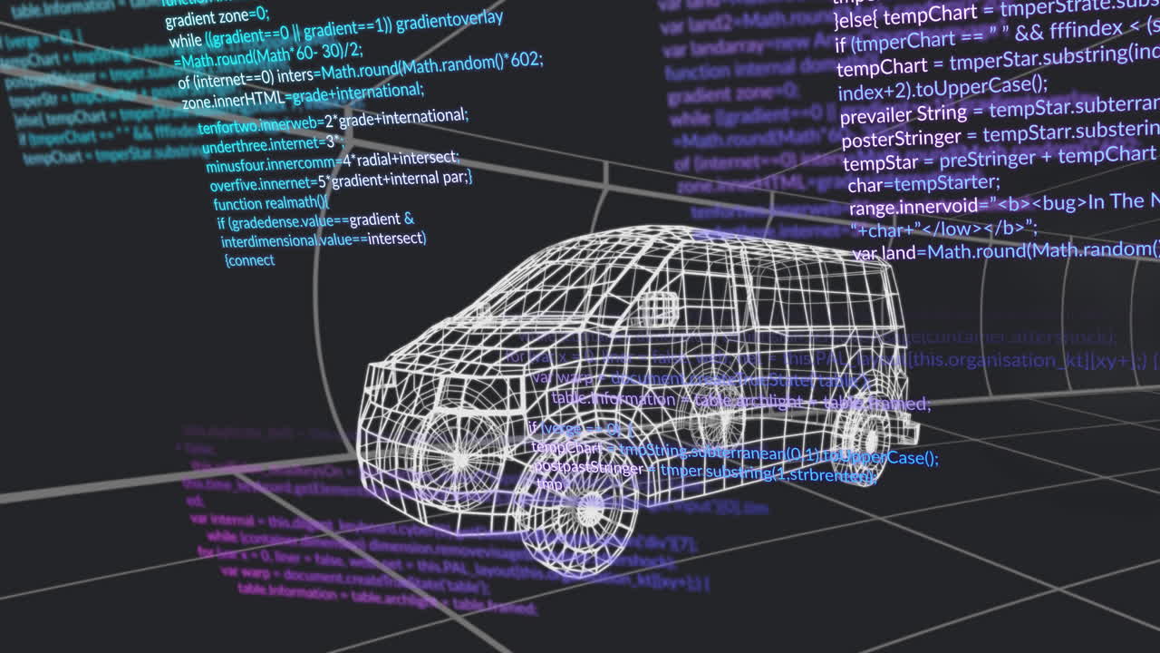 Wireframe 3D van model rotating on grid plane, revealing floating colored code snippets