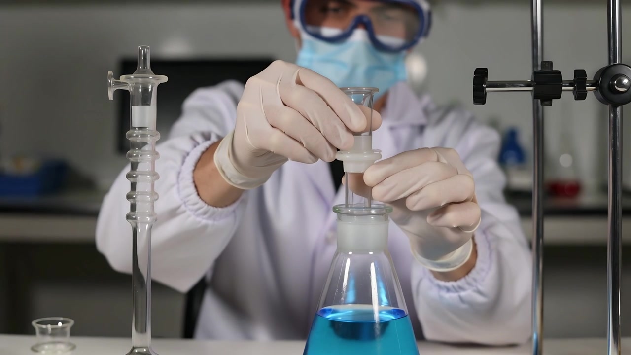Ajustando el banco, un técnico de laboratorio con bata prepara y asegura un adaptador en un matraz azul para una prueba.