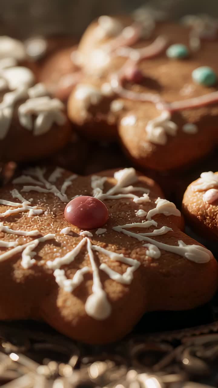 Vertical video: Camera panning across star gingerbread cookies with icing on metal tray in kitchen