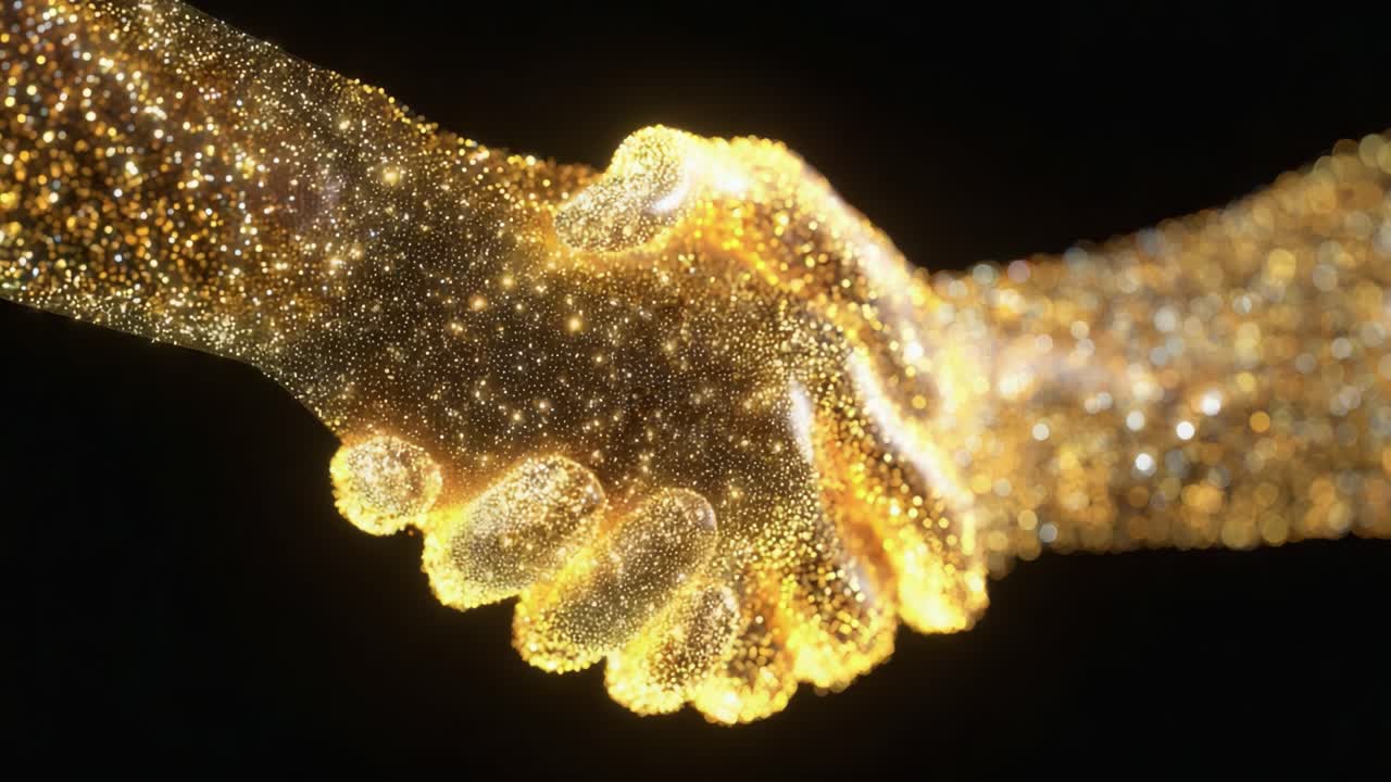 Questa affascinante rappresentazione di energia cosmica e connessione, questa stretta di mano dinamica racchiude unità e collaborazione attraverso una straordinaria interazione di particelle scintillanti e sfumature dorate