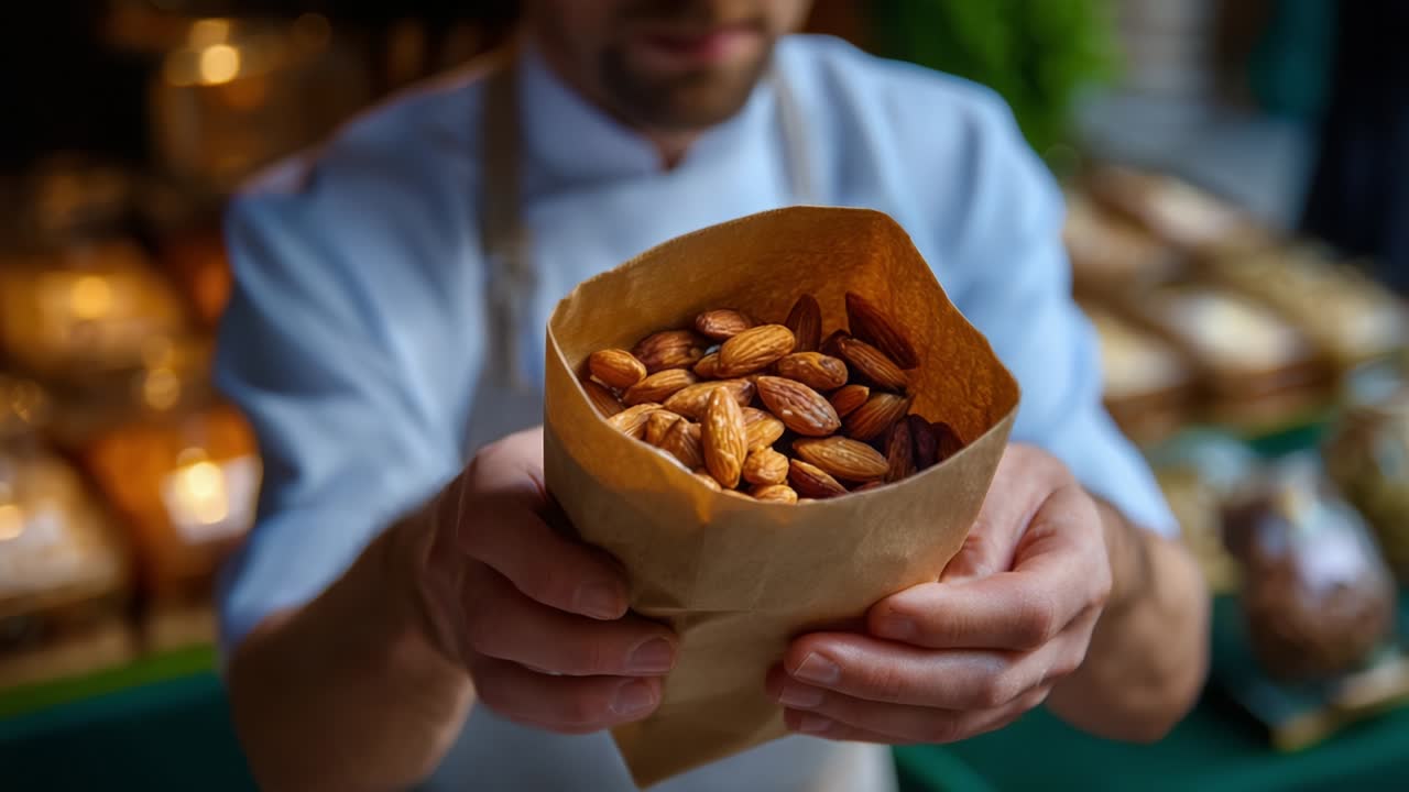 En person presenterer en papirpose fylt med blandede nøtter, inkludert mandler, i en markedssituasjon, og viser frem friskheten og appellen til håndverksnacks fremhevet i naturlig belysning