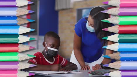 animation of crayons over african american schoolboy and teacher wearing face masks
