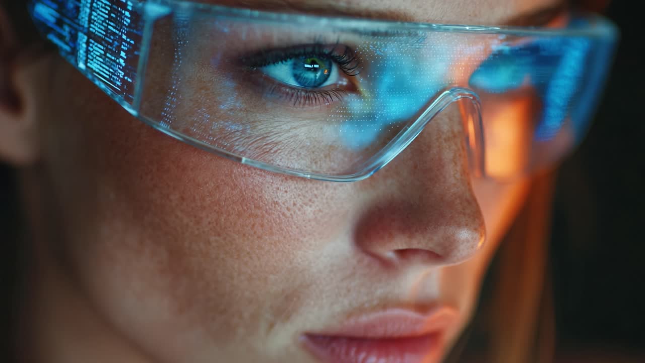 A Close-Up of a Woman Wearing Augmented Reality Glasses, Highlighting Her Focused Expression and High-Tech Interface Illuminating Her Features