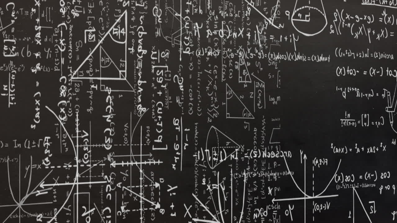 animación de fórmulas matemáticas blancas y dibujos geométricos en pizarra