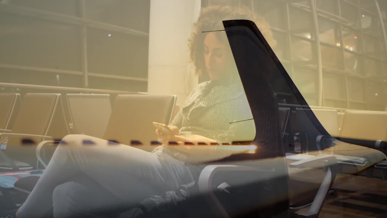 공항에서 스마트폰을 가진 두 인종의 여성이 비행기를 비행하는 애니메이션