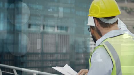 animation of statistics processing over male architects taking at construction site