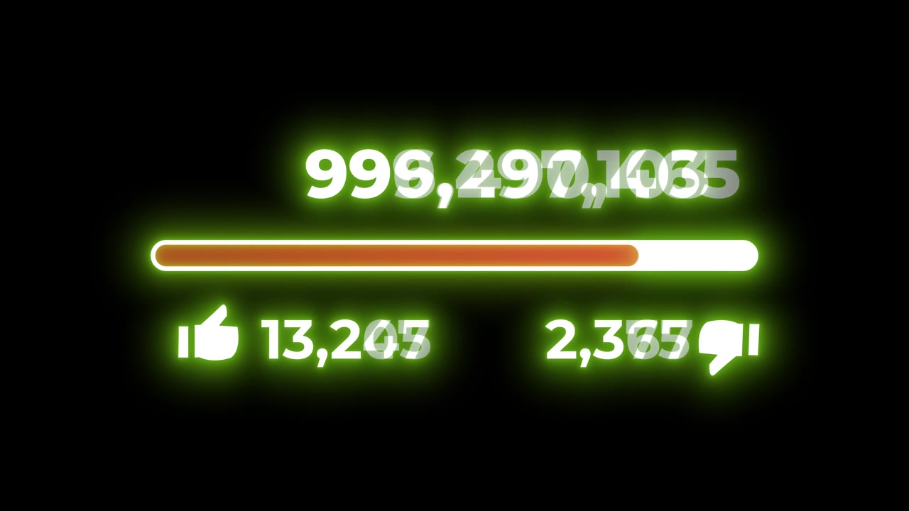 Social Media Engagement Counter Animation With Rising Numbers and Like Dislike Icons neon glow on Black Background