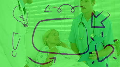 medical team assessing patient in hospital room, with animated vital signs graph and heart icon