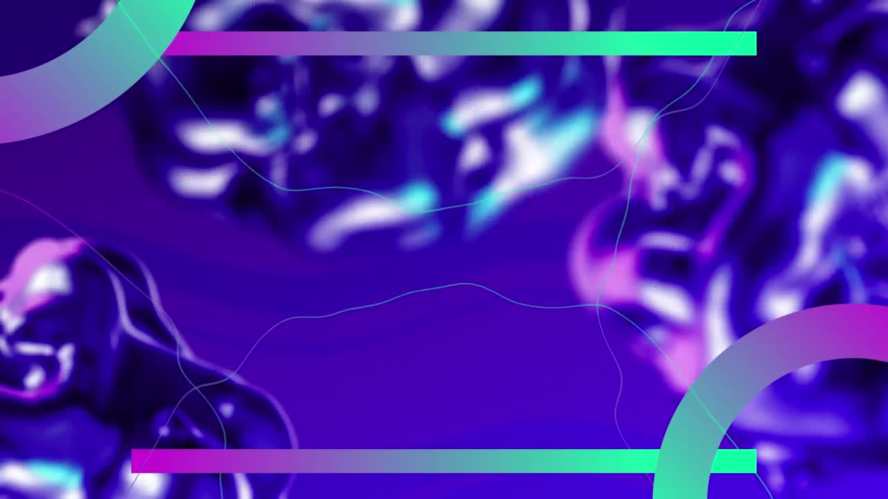Animation of purple and green lines and rings over purple liquid bubbles floating on purple