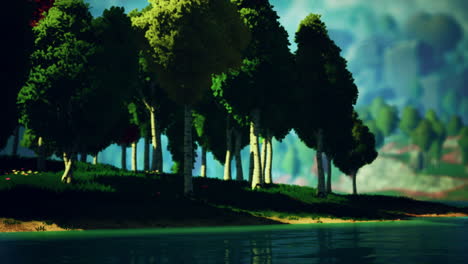 paisaje de bosque verde de dibujos animados con árboles y lago