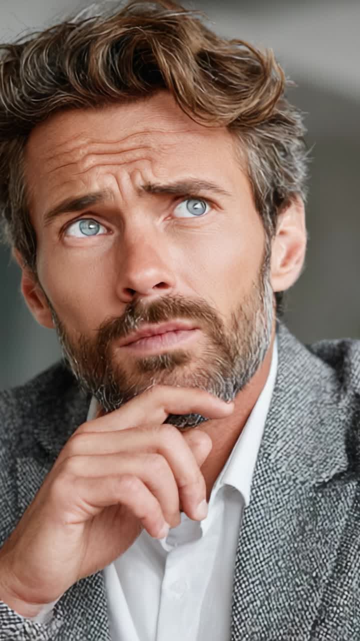 A contemplative man with striking blue eyes and stylish hair, lost in thought while wearing a grey blazer, embodies an engaging moment of introspection and curiosity