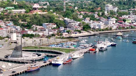 coastal town with harbor and boats