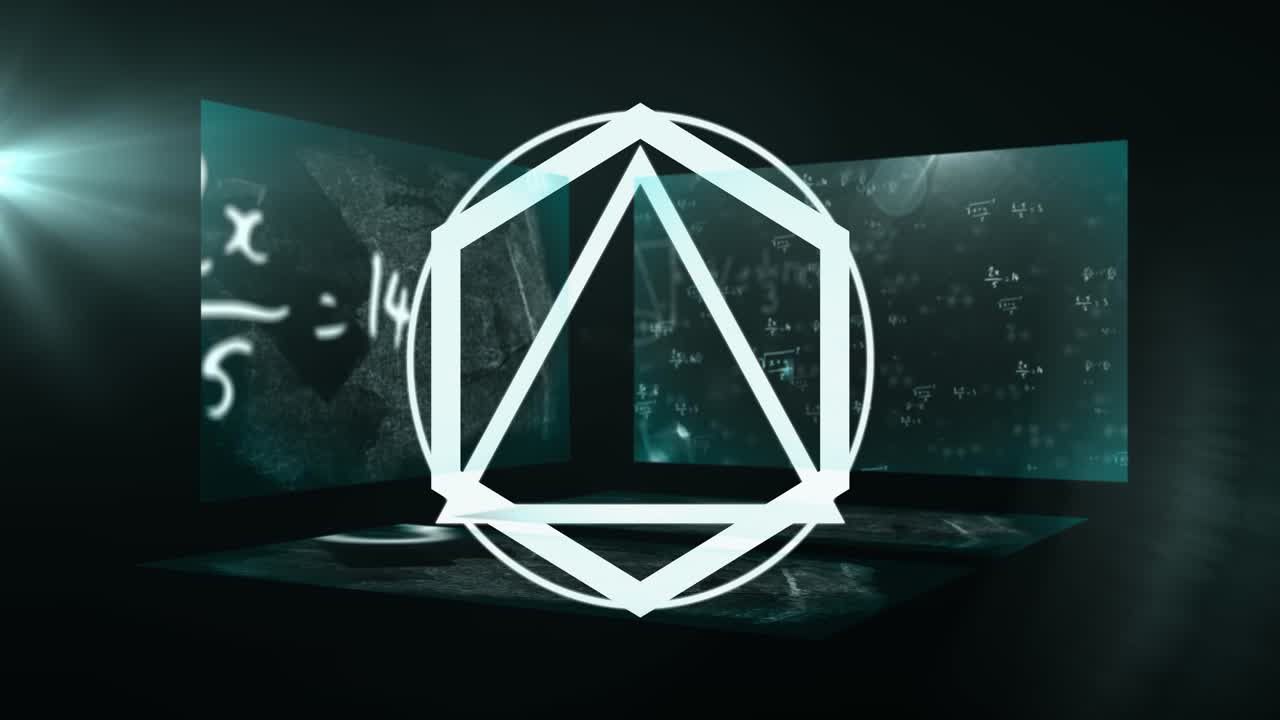 Animation af abstrakt, geometrisk form, der drejer over skærme med matematiske ligninger