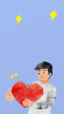 Illustration of a smiling person holding a red heart, viewed from a front angle