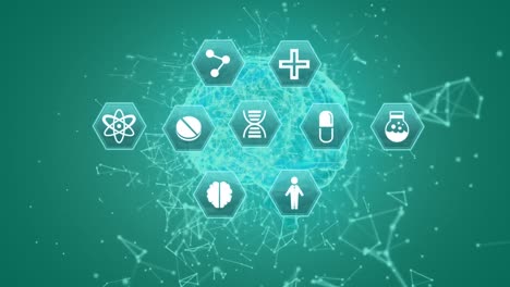 iconos médicos y un cerebro digital rodeado de líneas asimétricas