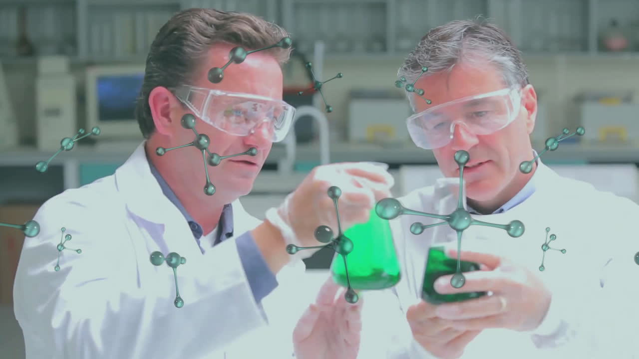 animación de estructuras de elementos sobre científicos caucásicos mezclando líquidos en el laboratorio