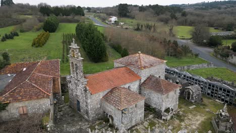 Ancient-Santa-Uxia-Church-Aerial-View,-San-Amaro,-Ourense,-Galicia,-Spain