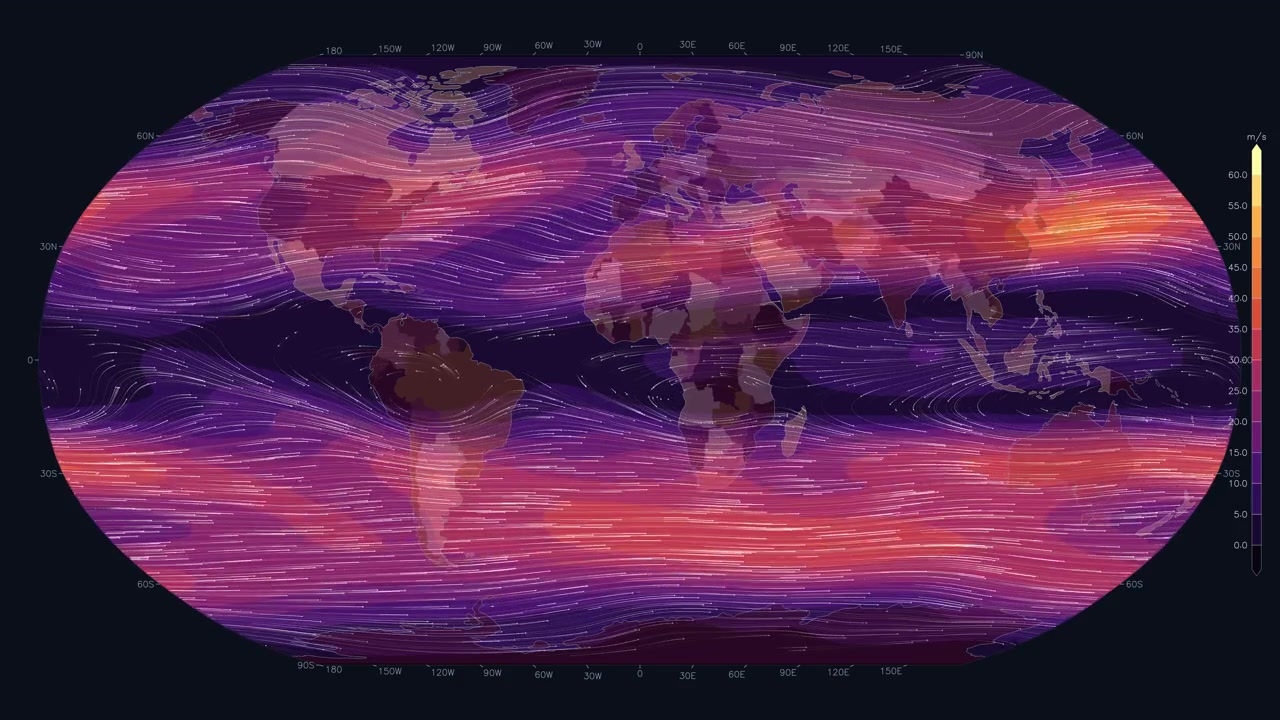 dynamic digital map displays global wind currents and atmospheric data, visualization of Earth's complex climate, loopable animation