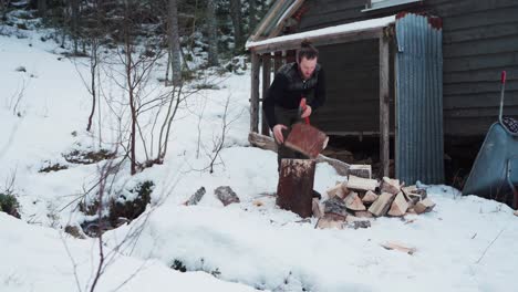 man cutting wood with an axe on winter countryside