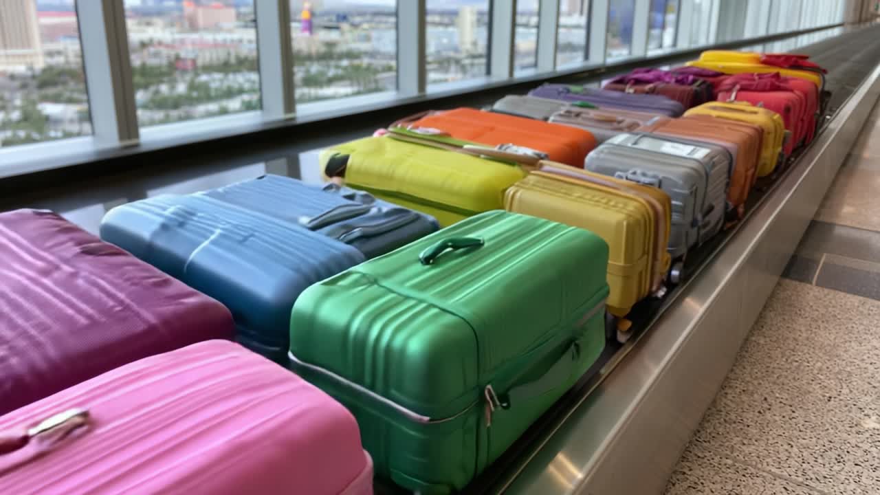 Et farverigt udvalg af bagage på et transportbånd i en lufthavn, der viser en levende palet af rejsetasker klar til eventyr