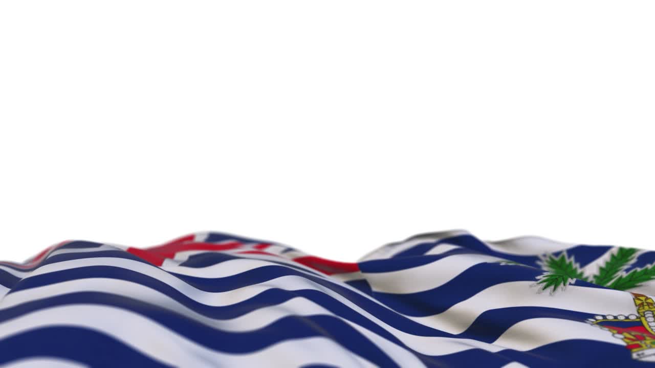 bandera de tela del territorio británico del océano índico ondeando en el bucle del viento. territorio británico del océano índico bordado estandarte de tela cosida balanceándose en la brisa. fondo blanco medio lleno. lugar para texto. bucle de 20 segundos.
