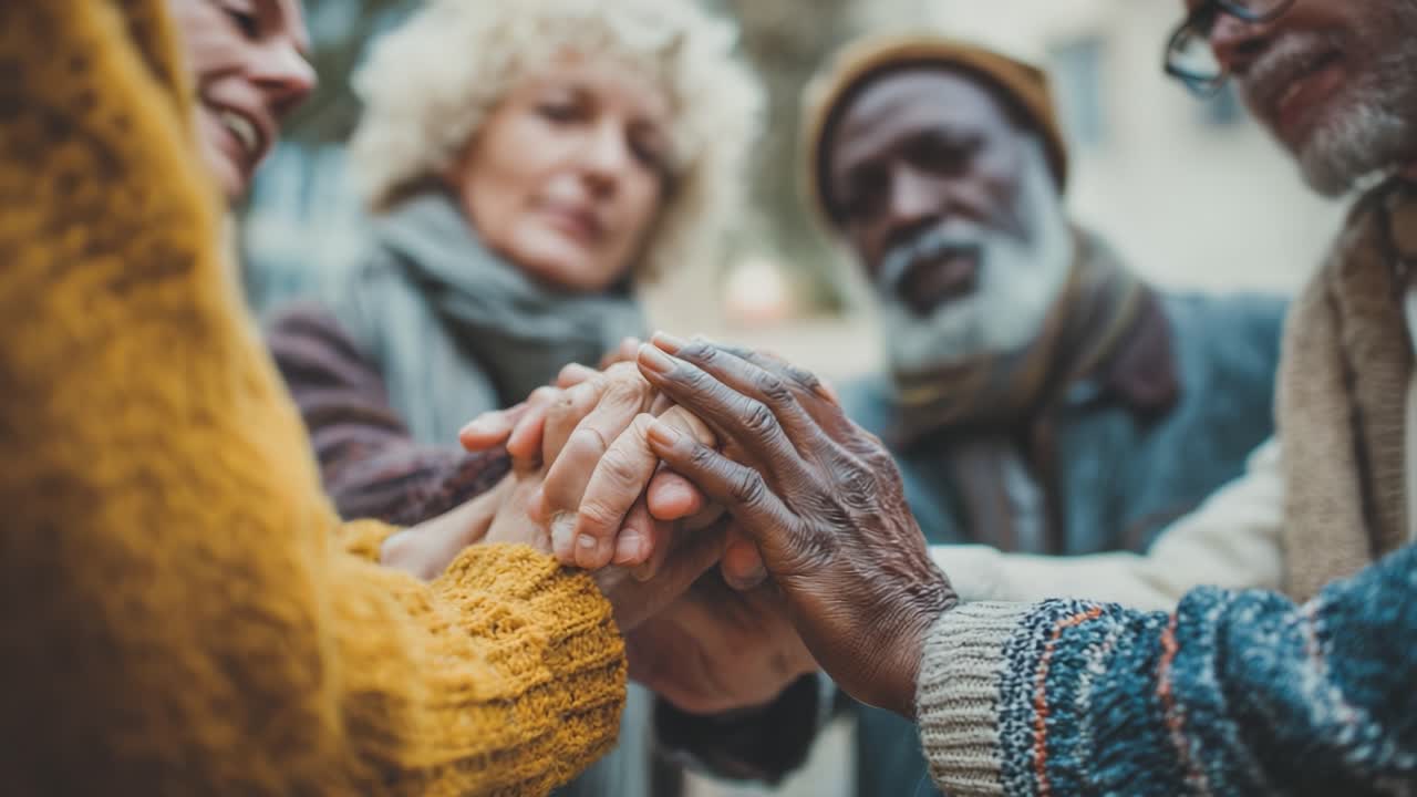 A Gathering of Unity: Diverse Individuals Join Hands in a Powerful Display of Togetherness, Friendship, and Mutual Support, Signifying Community Bonds and Shared Experiences Among Different Generations