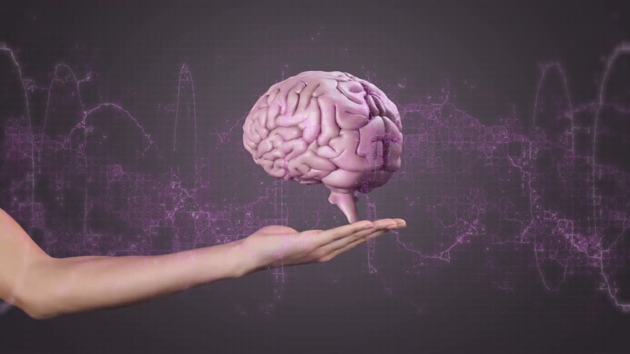 Holding digital brain, hand with purple neural network animation in background