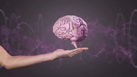 holding digital brain, hand with purple neural network animation in background