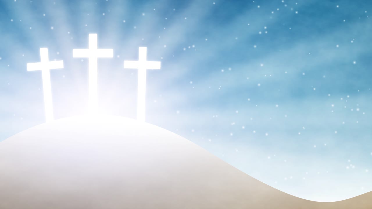 Three luminous white crosses at Golgotha stand against a dreamy blue sky filled with sparkling light particles, faith, hope, resurrection