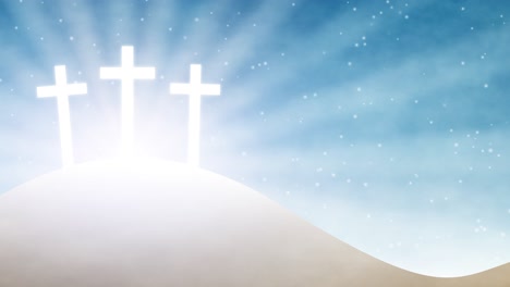 three luminous white crosses at golgotha stand against a dreamy blue sky filled with sparkling light particles, faith, hope, resurrection