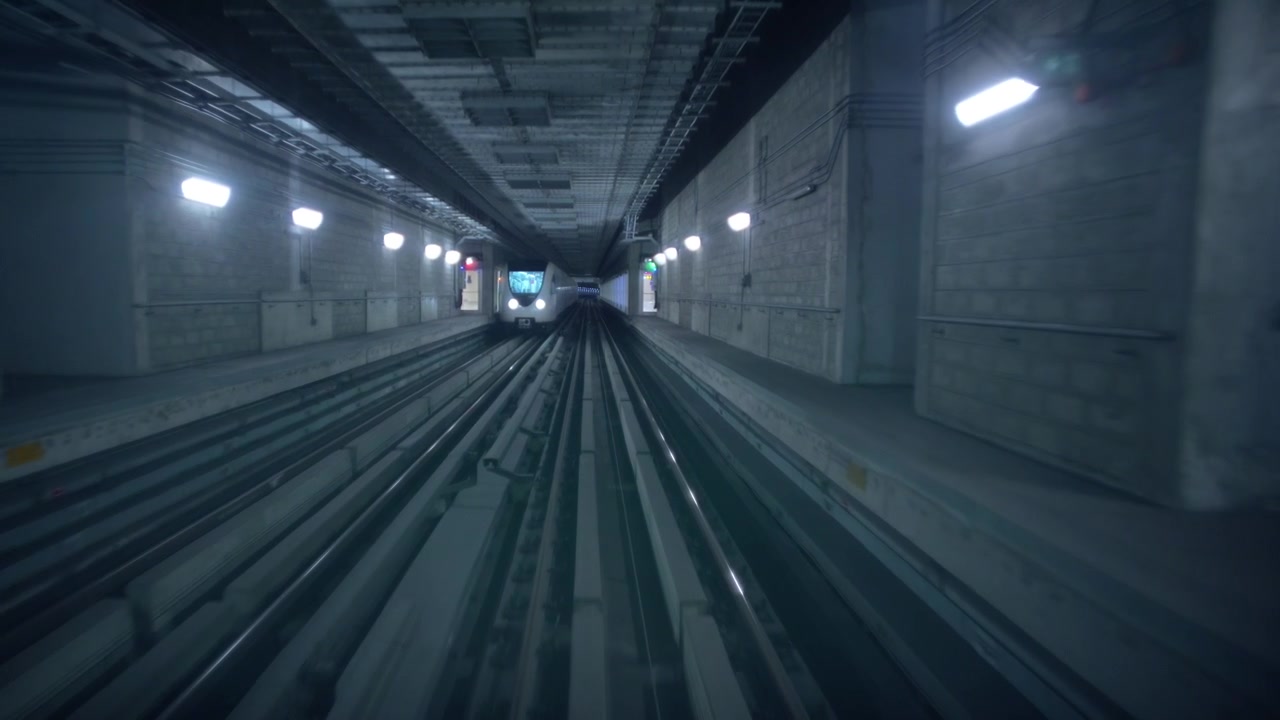 Vista dal finestrino anteriore di un treno della metropolitana in movimento in galleria