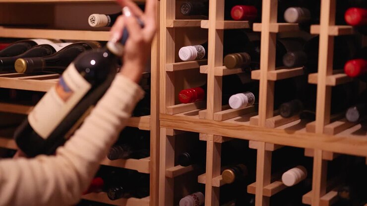 A woman examines wine bottles in a dimly lit cellar, carefully choosing from a wooden rack