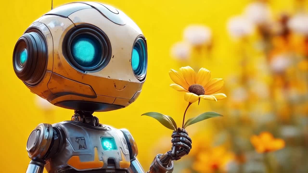 Robot holding a flower in a yellow field