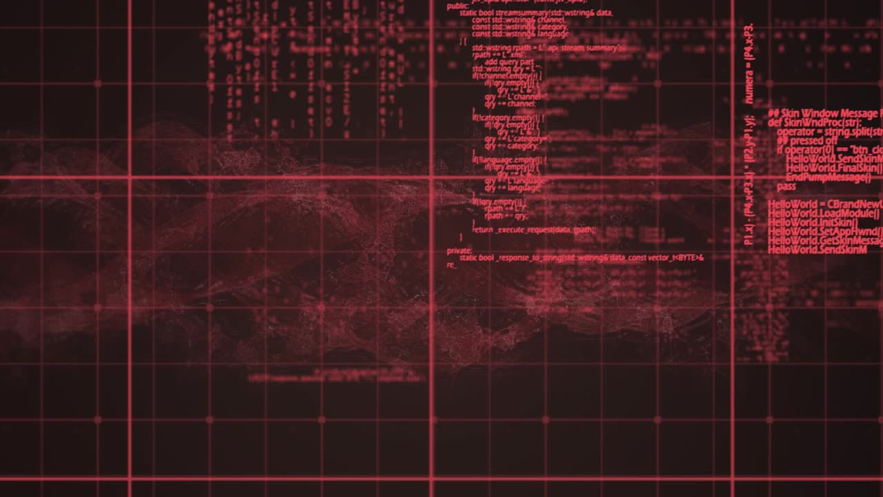 Animation of black and red digital screen with data and smoke