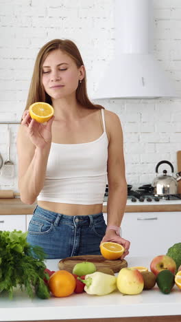 a woman cuts and sniffs a fresh orange with a knife. vegetarian food. white modern kitchen with vegetables and fruits. vertical video