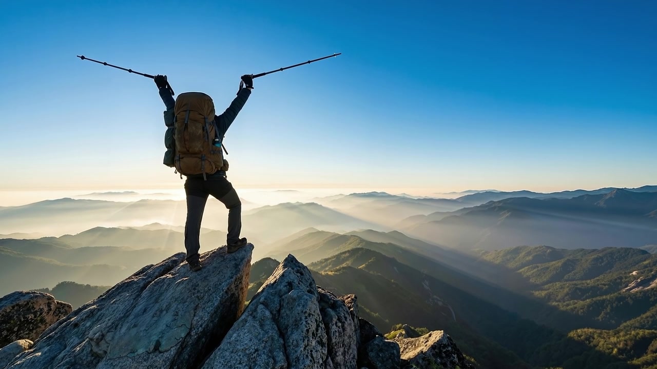 Escursionista in piedi su una cima rocciosa di montagna con le braccia alzate che guarda la valle panoramica all'alba.